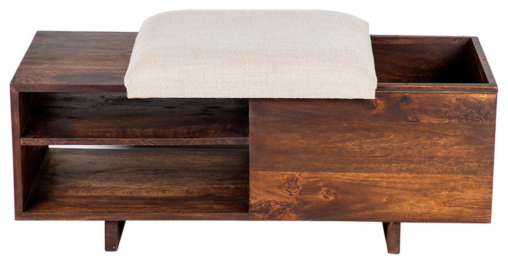 Benzara BM285207 Accent Storage Bench, Sliding Cushion Top, Modern, Brown Wood