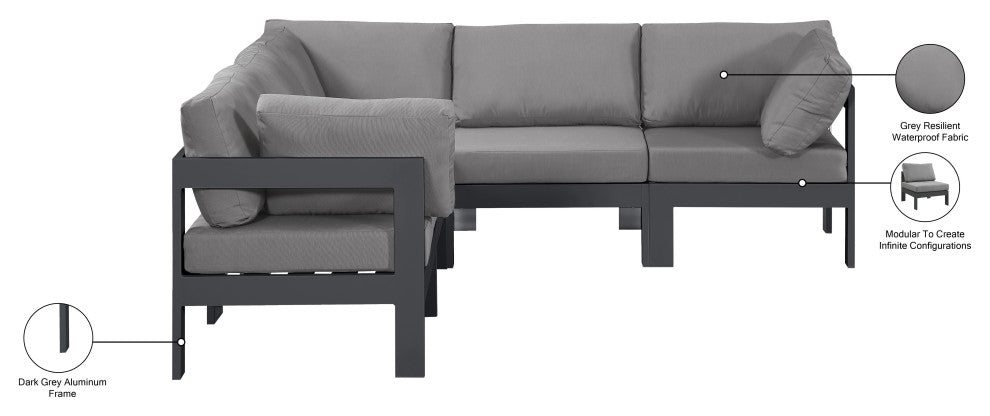 Nizuc Water Resistant Patio L-Shaped Modular Sectional, Gray, 5-Piece: 2 Armless Chair, 3 Corner Chair, Dark Gray Aluminum Frame