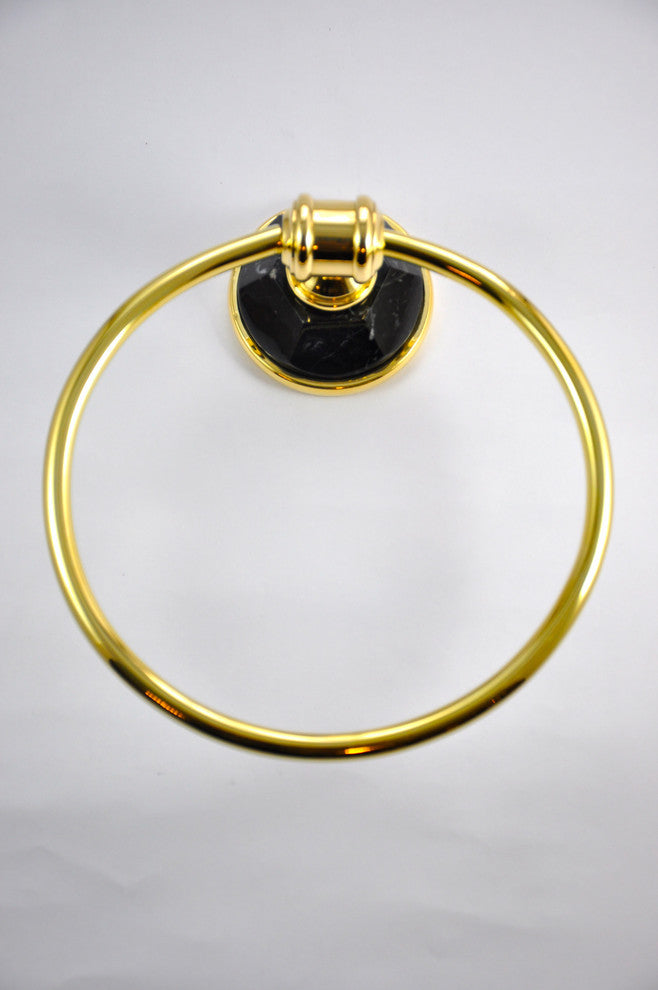 Towel Ring With Nero Marquina Marbel Accents, Polished Chrome