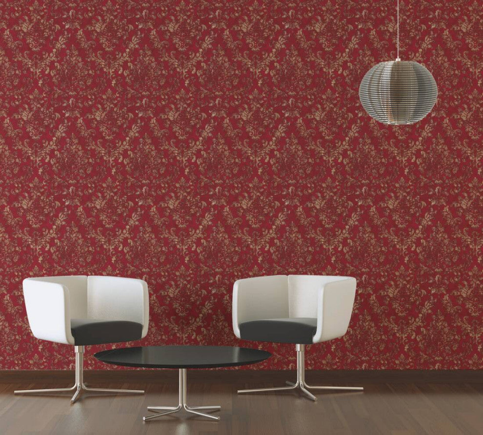 Damask Textured Wallpaper, Ornaments, 374131, Bordeaux Red Gold, 1 Roll