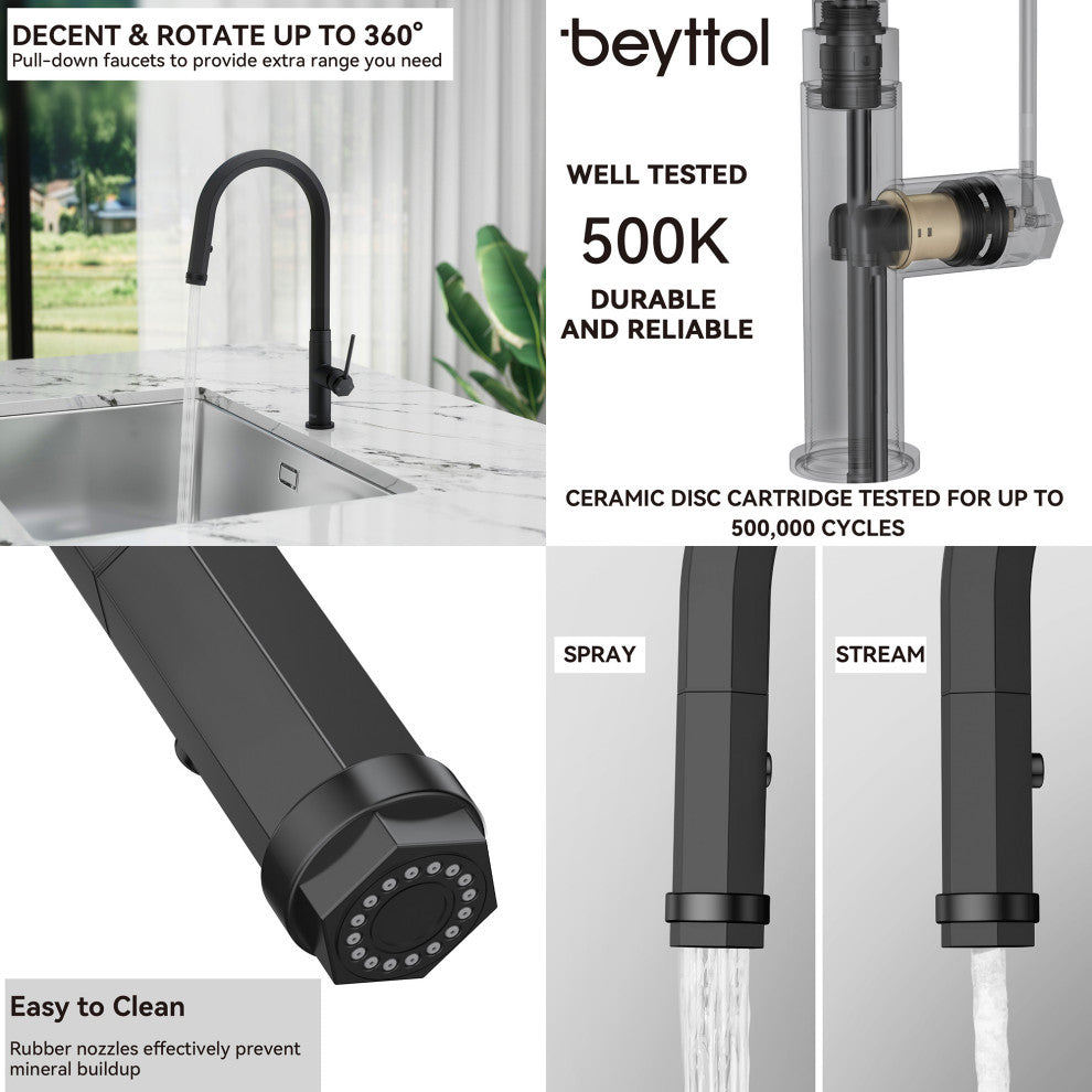 Single Handle Deck Mounted High Arc Pull Down Brass Kitchen Faucet, Matte Black