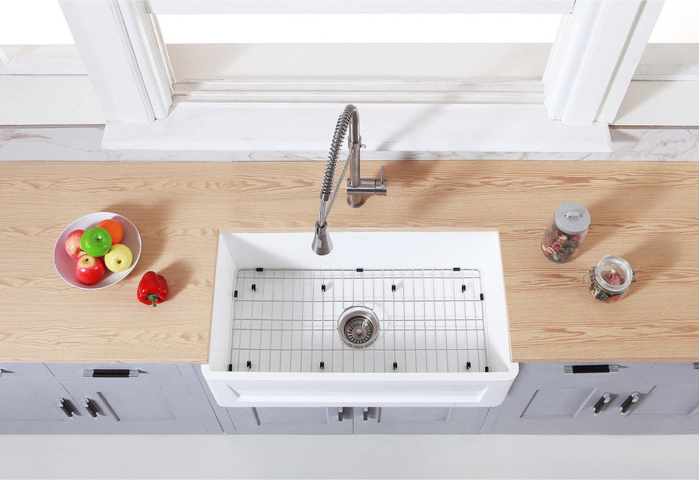 Gourmetier Farmhouse Kitchen Sink, Matte White/Brushed