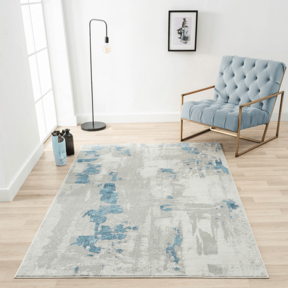 4' X 6' Ivory Gray And Blue Abstract Stain Resistant Area Rug