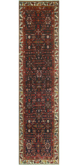 Fine Vintage Distressed Judie Navy/Red Runner, 3'3 x 14'7