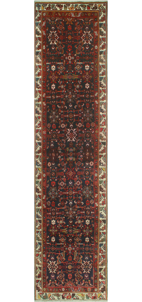 Fine Vintage Distressed Judie Navy/Red Runner, 3'3 x 14'7
