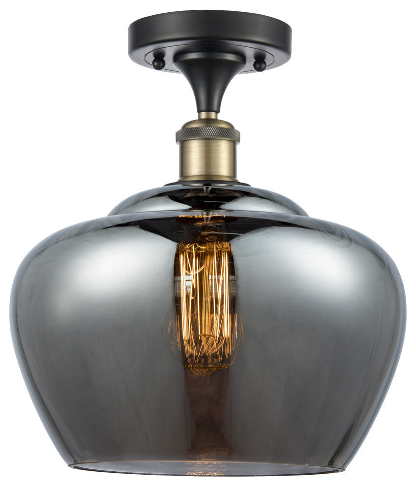 Large Fenton 1-Light Semi-Flush Mount, Black Antique Brass, Plated Smoke