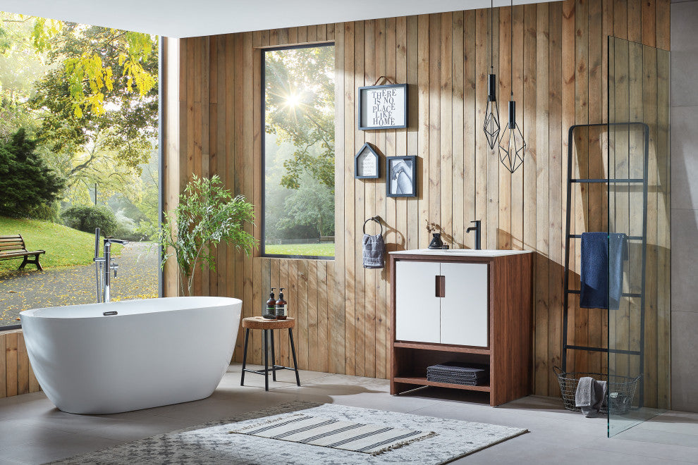 LYON Freestanding Modern Bathroom Vanity, Beige, 30", White Countertop