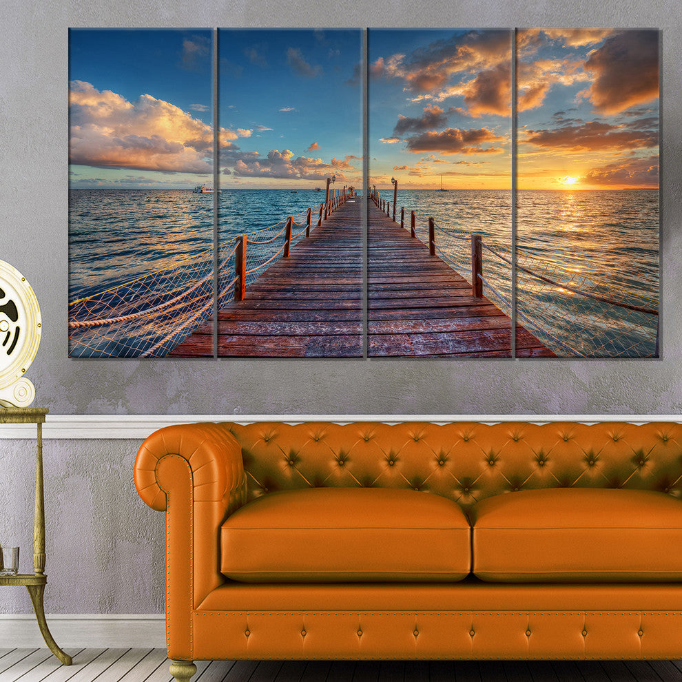 Brilliant Sunrise over Sea Pier, Modern Canvas Print, 48"x28", 4 Panels