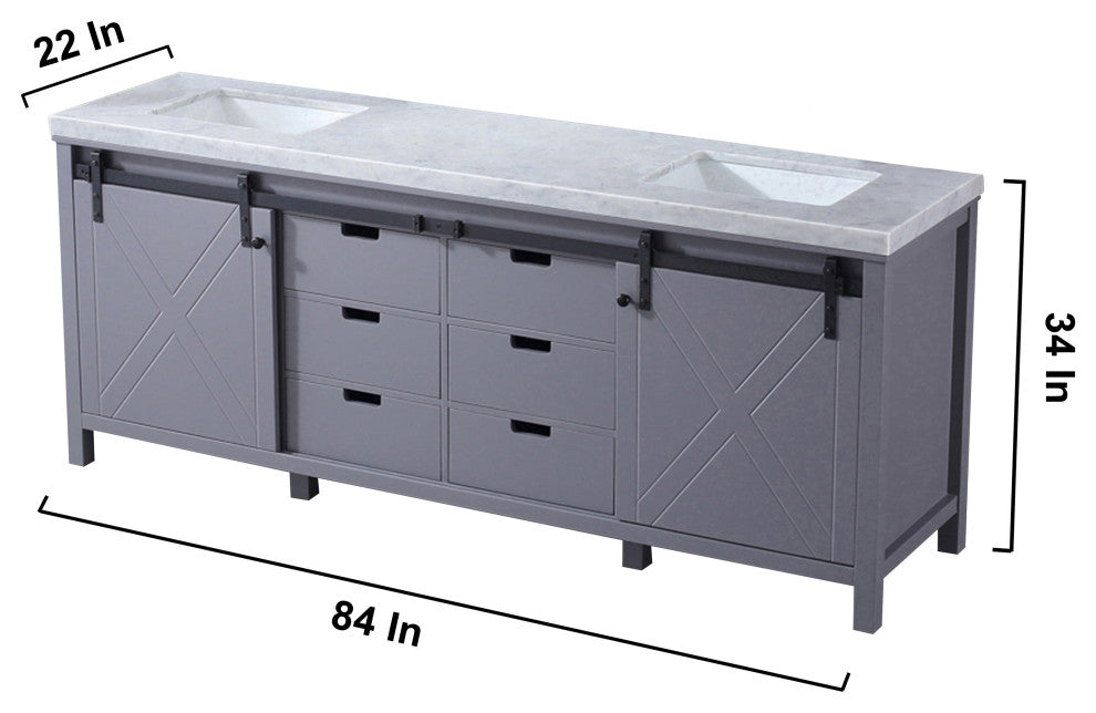 Marsyas 84" Dark Gray Double Vanity, White Marble Top, White Sinks, No Mirror