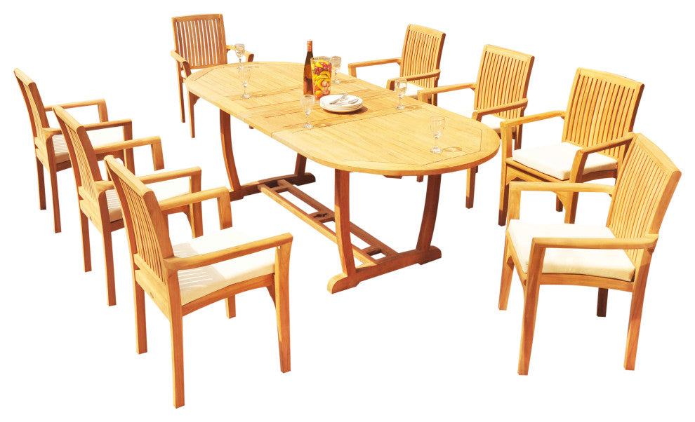 9-Piece Outdoor Teak Dining Set: 94" Masc Oval Table, 8 Lua Stacking Arm Chairs