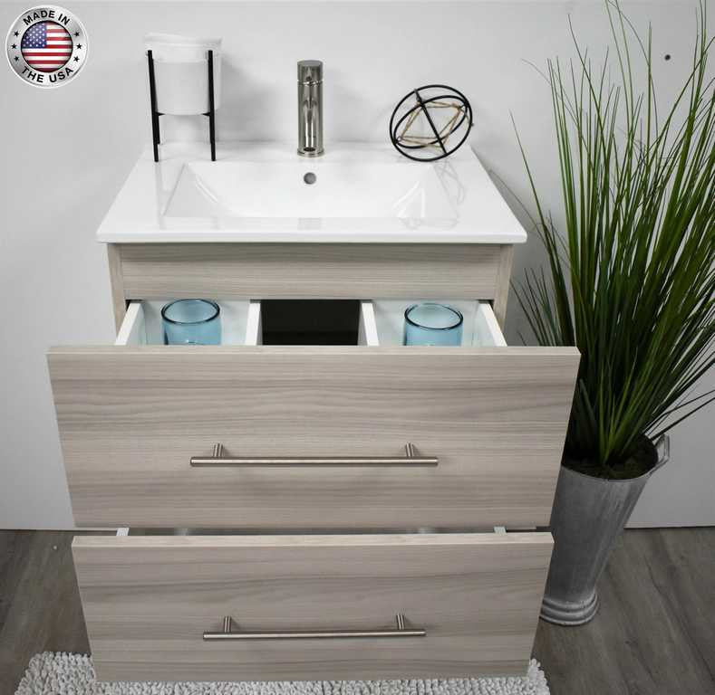 Napa 30" Modern Floating Bathroom Vanity With Ceramic Top and Round Handles, Ash Gray