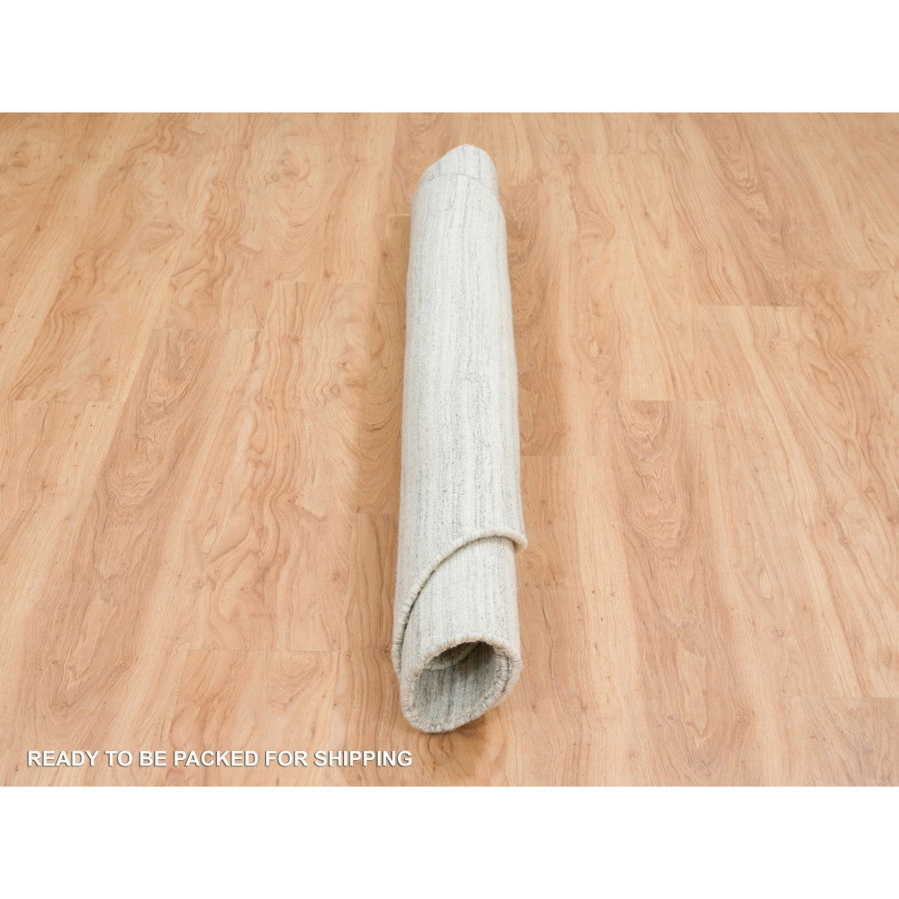 Ivory, Hand Loomed, Undyed Natural Wool Modern Design Round Rug, 6'1"x6'1"