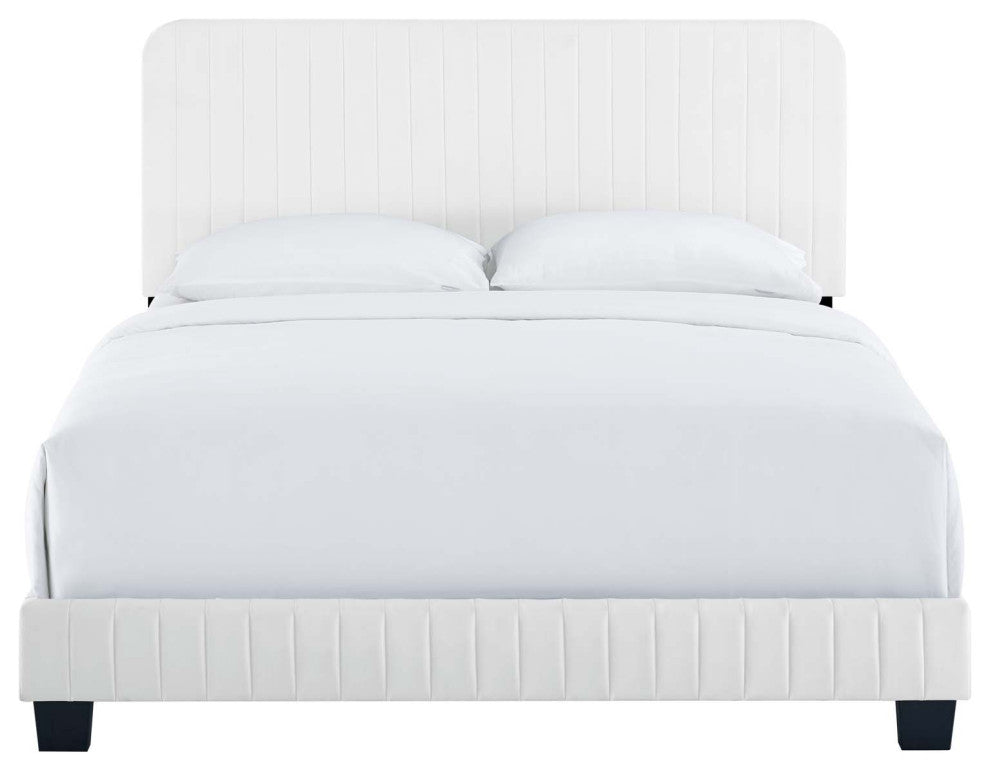 Tufted Platform Bed Frame, Queen Size, Velvet, White, Modern Contemporary