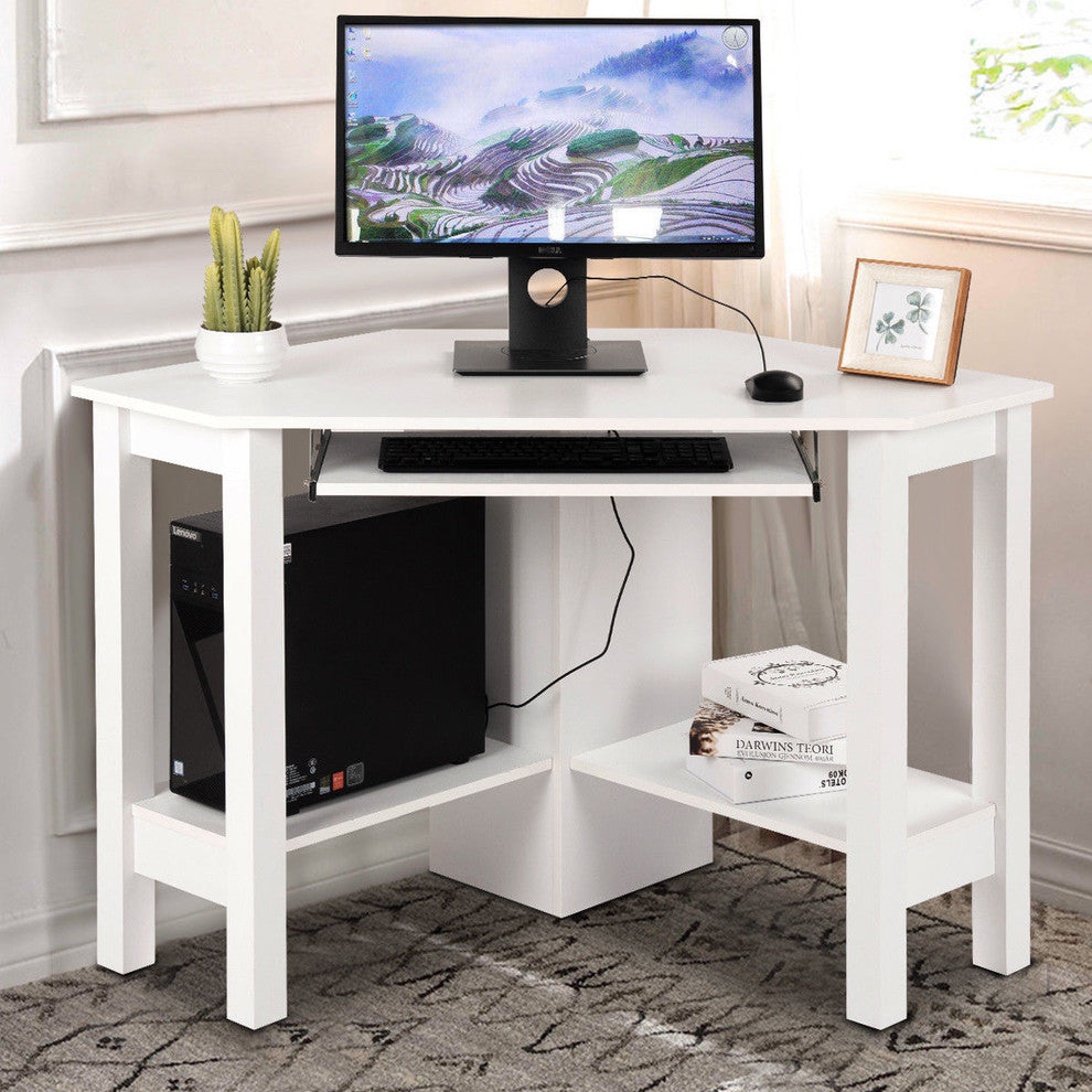 Costway Wooden Corner Desk With Drawer Computer PC Table Study Office White