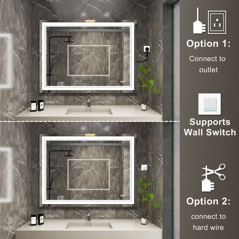 Frameless LED Lighted Bathroom Mirror With Defogger Dimmer, 48"x36"