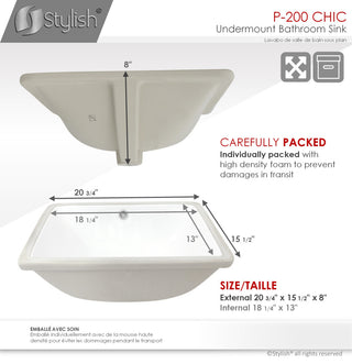 STYLISH 20" Porcelain Rectangular Undermount Bathroom Sink with Overflow