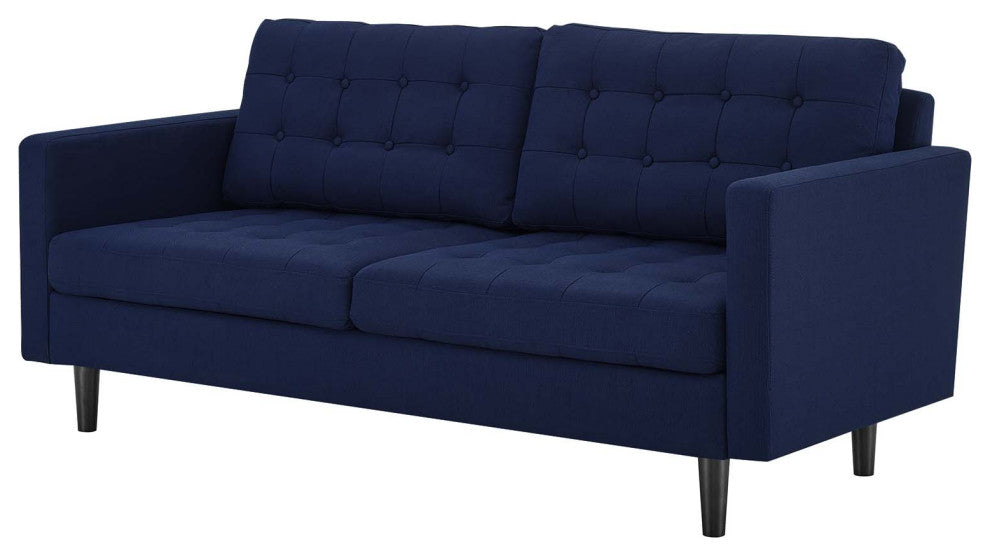 Tufted Sofa, Fabric, Dark Blue, Modern, Living Lounge Hotel Lobby Hospitality
