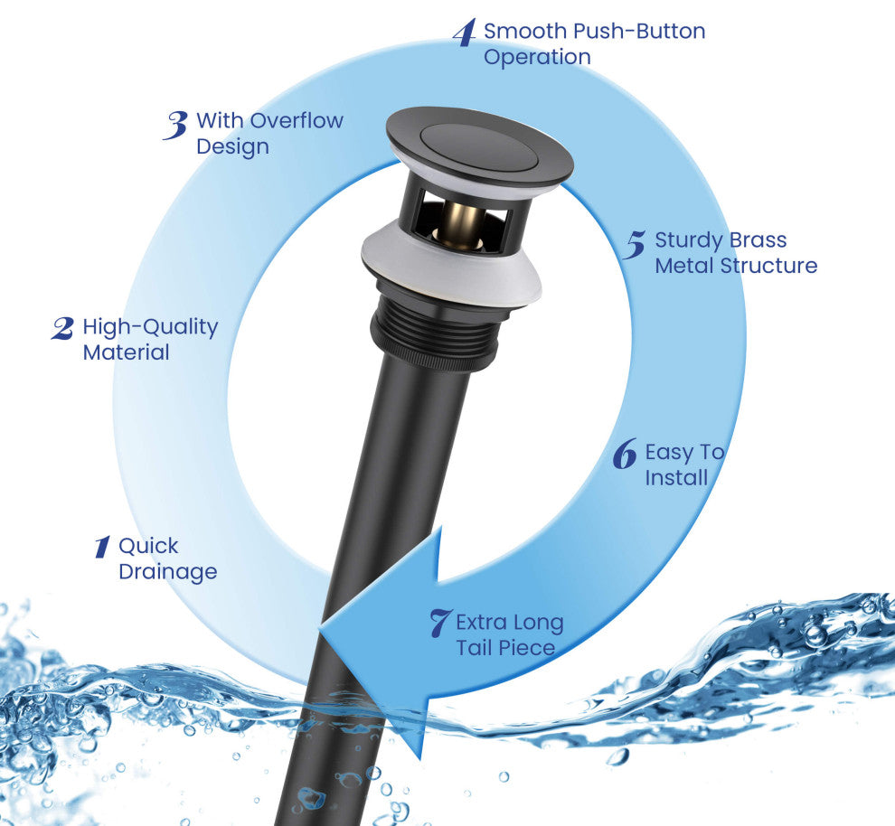 Bathroom Sink Pop Up Drain Stopper, 12" Tailpiece With Overflow KPW104, Matte Black