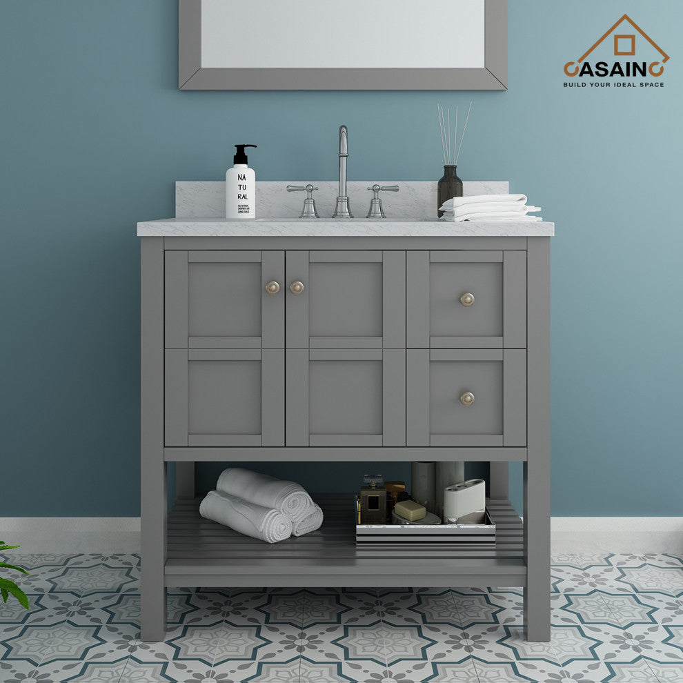 CASAINC 36" Marble Top Single Sink Bathroom Vanity, Gray