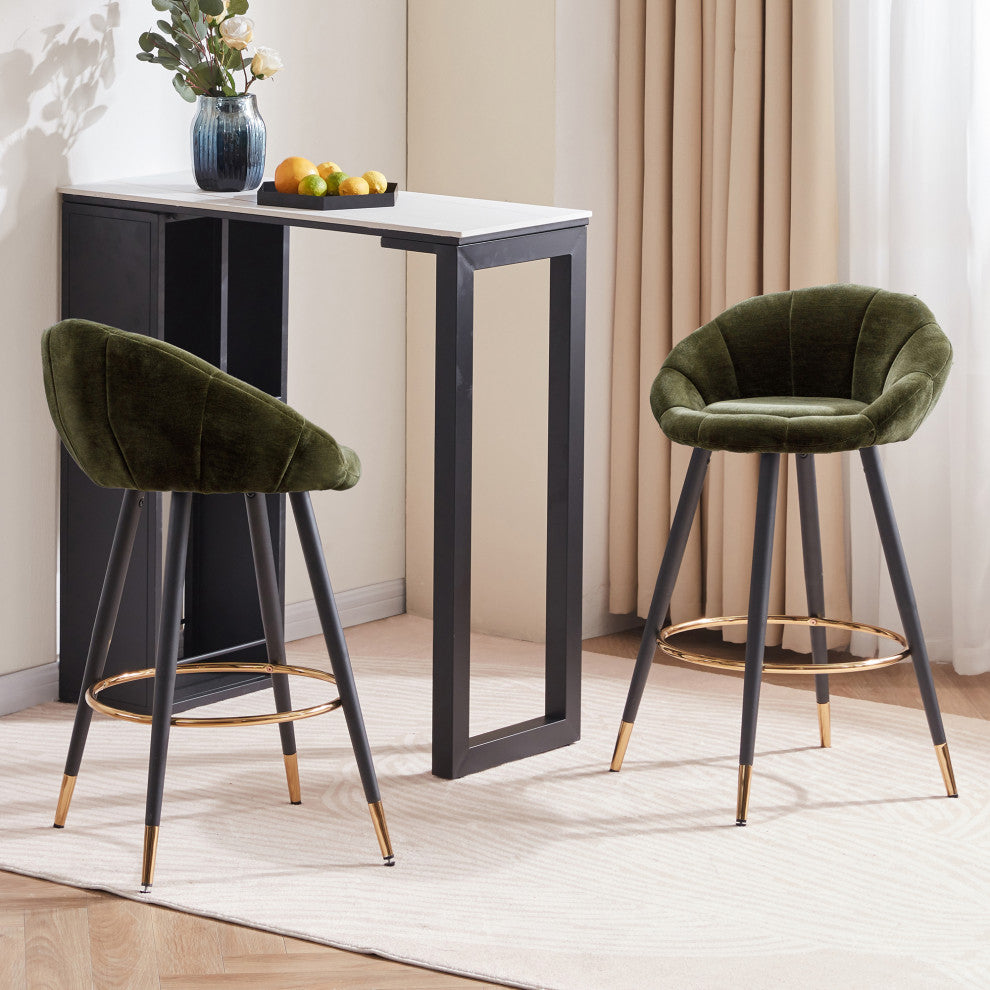 Set of 2 Blooming Flower Chenille Bar Stools, Darkgreen