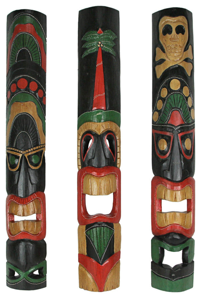 Set of 3 Hand Carved 39 Inch Tall Island Style Polynesian Tiki Masks