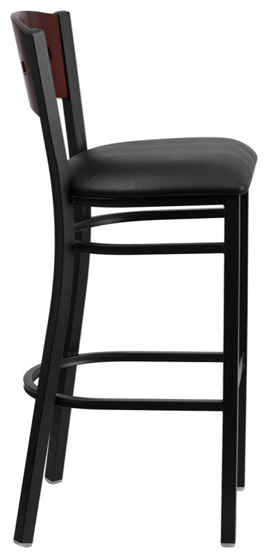 Black 4 Square Back Metal Barstool, Mahogany Wood Back, Black Vinyl Seat