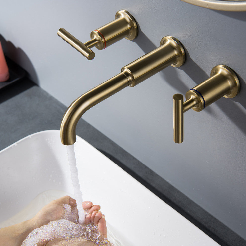 Luxury Dual Handle Wall Mounted Bathroom Faucet, Brushed Gold