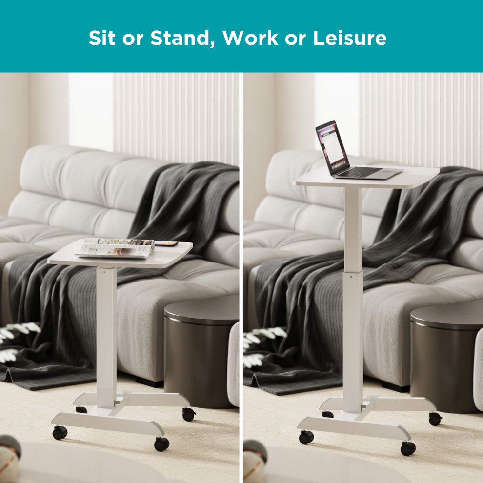 Mobile Pedal Controlled Height Adjustable Sit Stand Desk, Compact Size, White