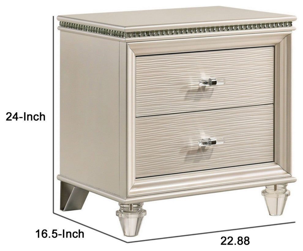 Nightstand with Textured 2 Drawers and Acrylic Legs, Pearl White
