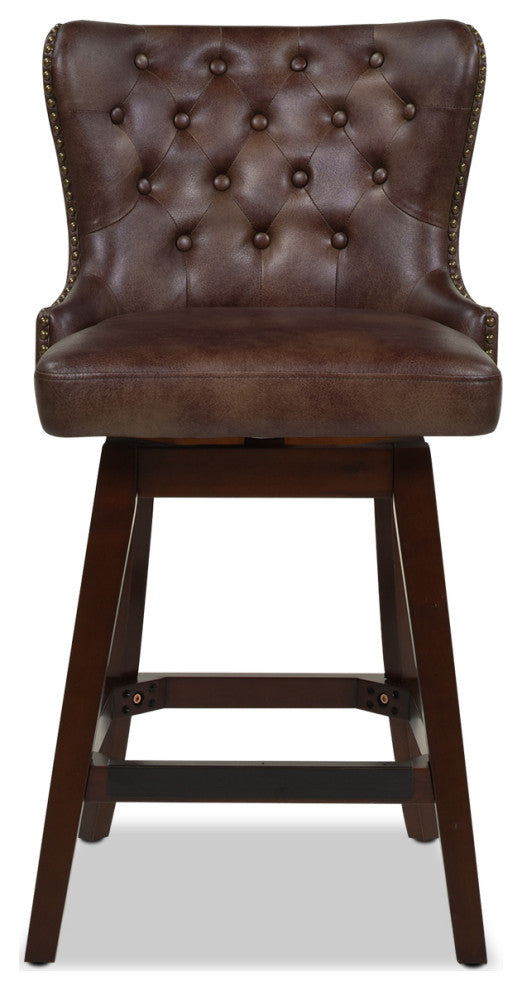 Holmes 27" Tufted High-Back 360 Swivel Counter-Height Barstool, Mid Brown Faux Leather