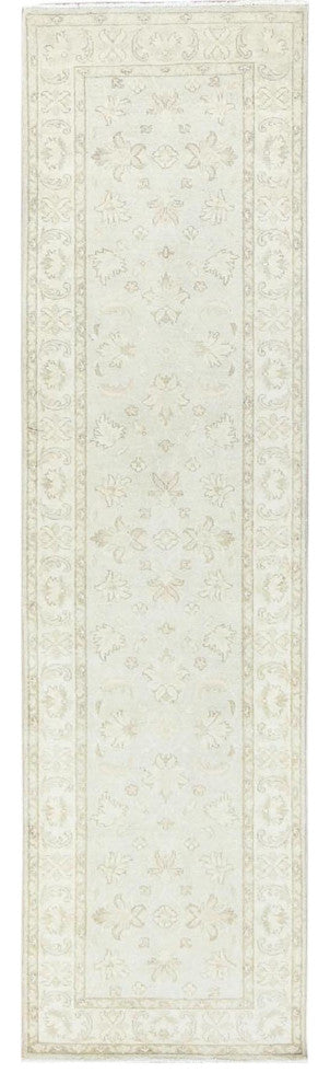 White Dove Afghan Stone Washed Peshawar Wool Hand Knotted Runner Rug 2'8"x9'9"