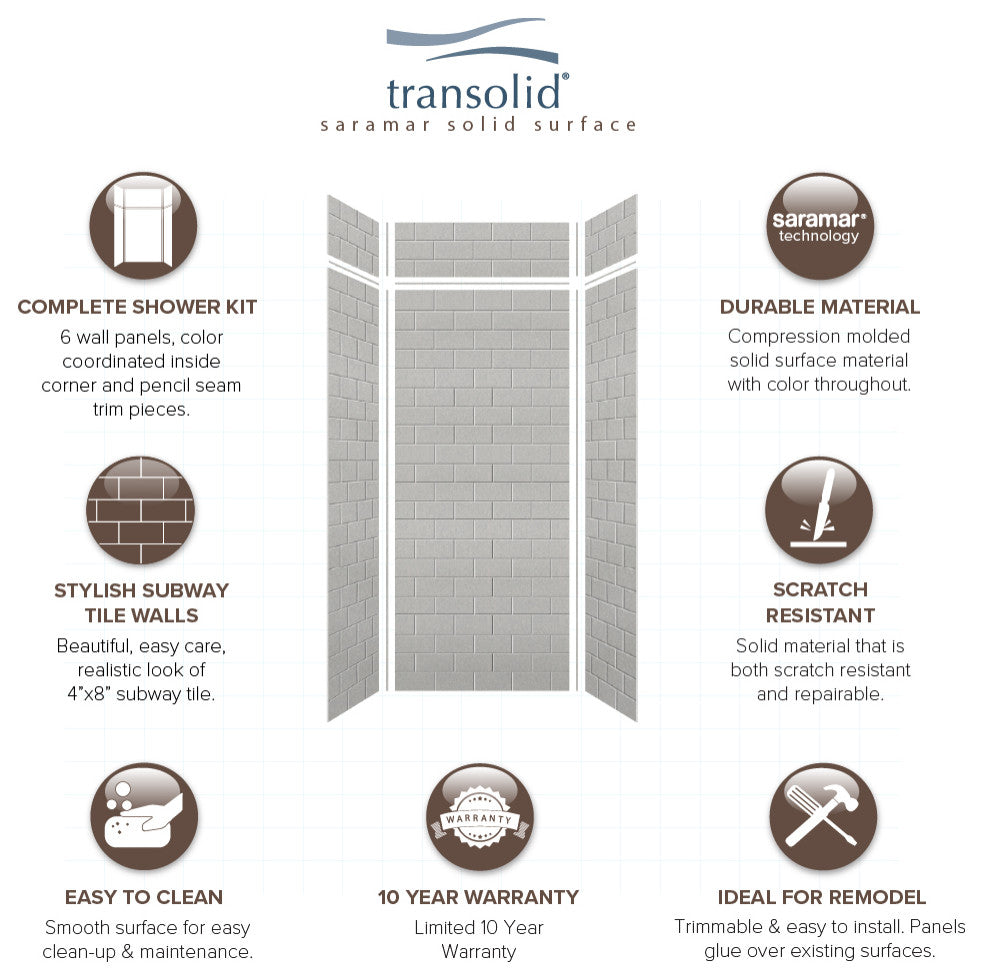 Transolid SaraMar 36"x36"x96" 6-Piece Shower Wall Kit with Extension, Grey Beach