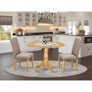 3Pc Round 42" Dining Table, Two 9-Inch Drop Leaves, Two Chair, Dark Khaki