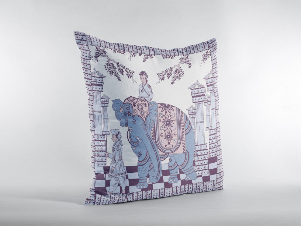 18" Blue Purple Ornate Elephant Zippered Suede Throw Pillow