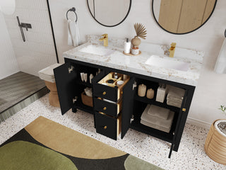 Chicago 60" Double Sink Bathroom Vanity, Black 2" Viola Night