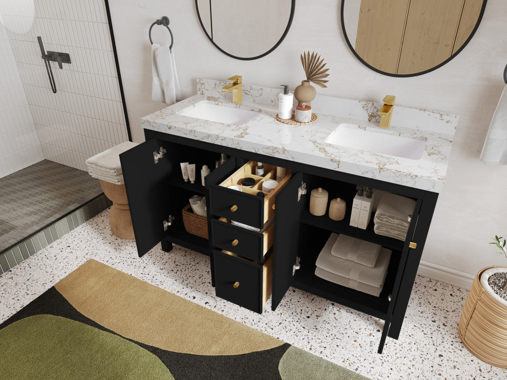 Chicago 60" Double Sink Bathroom Vanity, Black 2" Viola Night