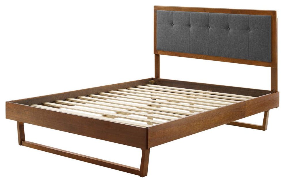 Platform Bed Frame, Queen Size, Fabric, Wood, Brown Walnut Gray, Modern