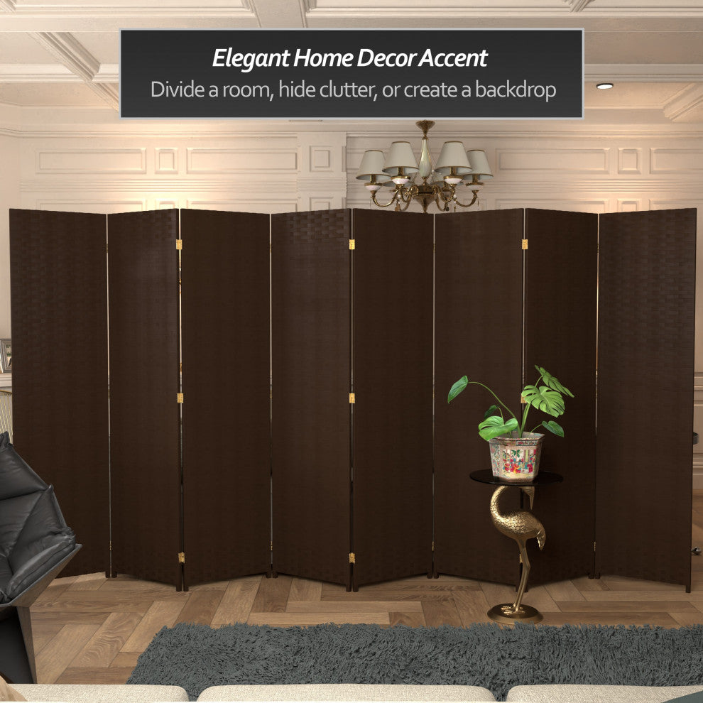 6' Tall Woven Fiber Room Divider, 8 Panel, Dark Mocha