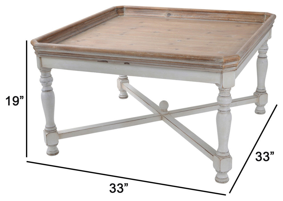 Benzara BM285220 33" Coffee Table, Tray Top, Rustic Fir Wood, Antique White