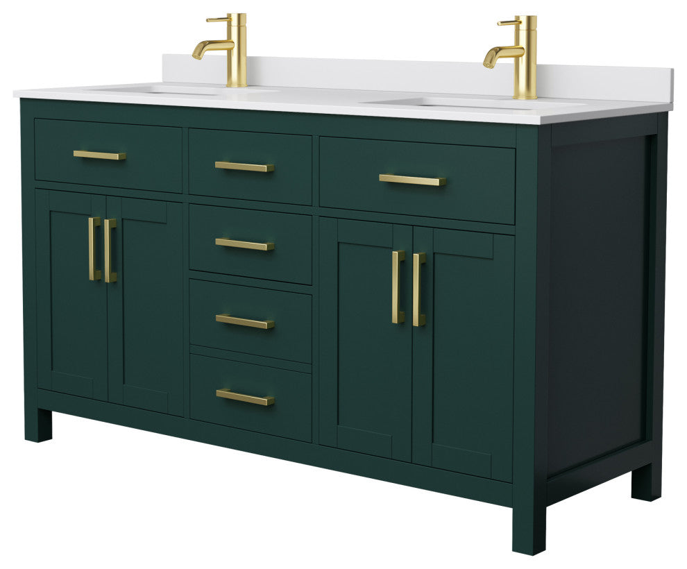 60"DBL Bathroom Vanity, Green, White Cult. Marble Countertop, Sinks, Gold Trim