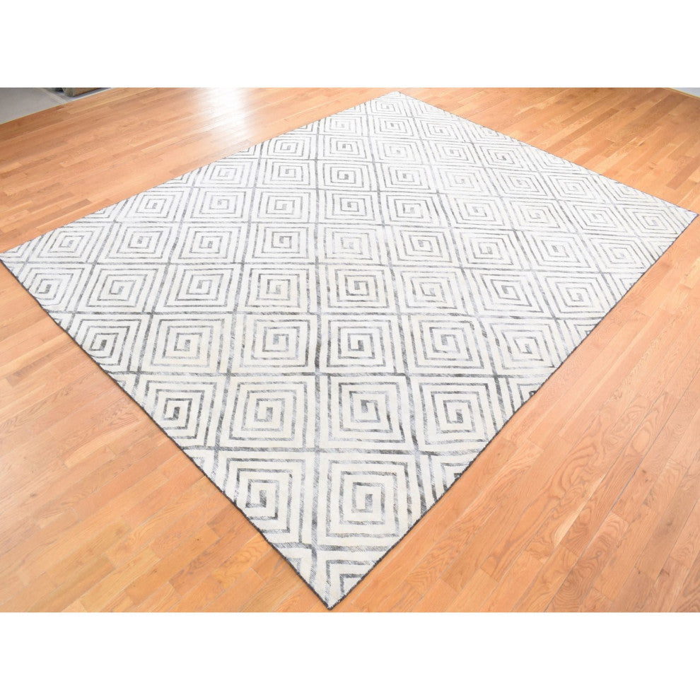 Ivory Roman Key Squares Design Hand Knotted Pure Silk With Wool Rug, 9'0"x12'0"