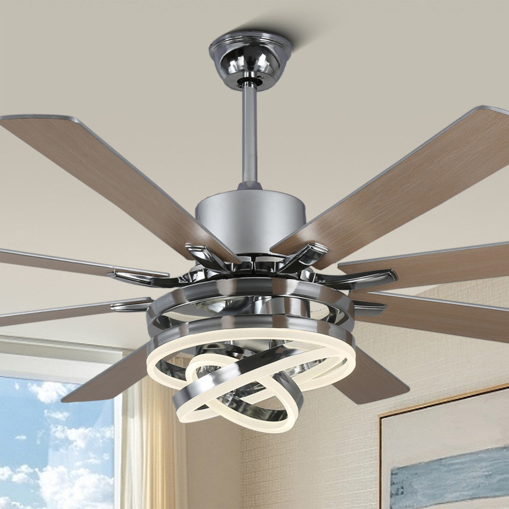 72" Modern 8 Wood Blades Large Ceiling Fan w LED Light, Chrome