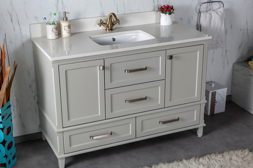 Nera Collection 48" Bath Vanity Quartz Top and Ceramic Sink, Grey, 48"
