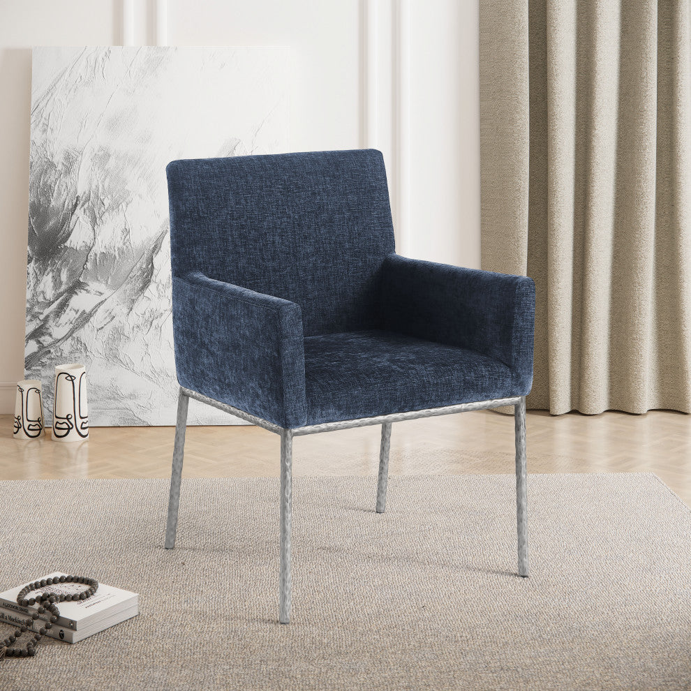 Reeves Upholstered Dining Chair, Navy, Chenille , AC,  Brushed Silver, Set of 2