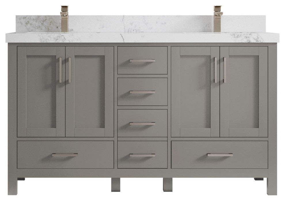 Malibu 60 Double Sink Bathroom Vanity in Elephant Skin Gray 2" Calacatta Nuvo