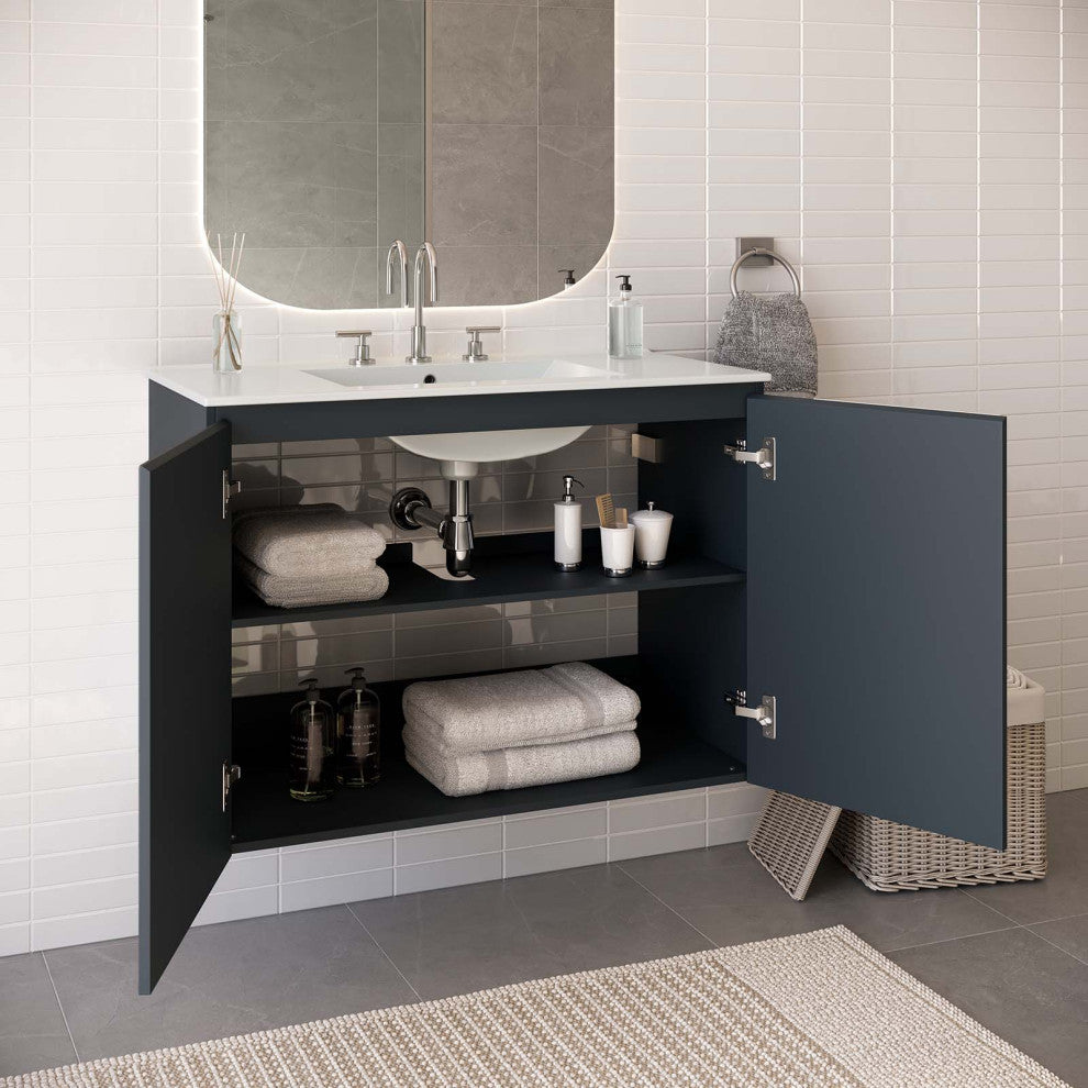 Sink Vanity Cabinet, Wall Mount, White Gray, Ceramic, Modern, Bathroom