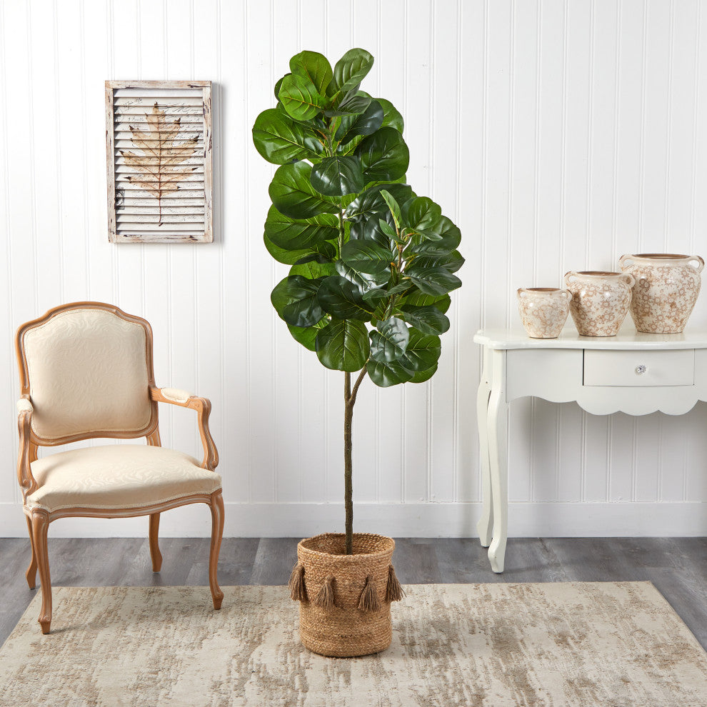 5.5' Fiddle Leaf Fig Artificial Tree, Handmade Natural Jute Planter With Tassels