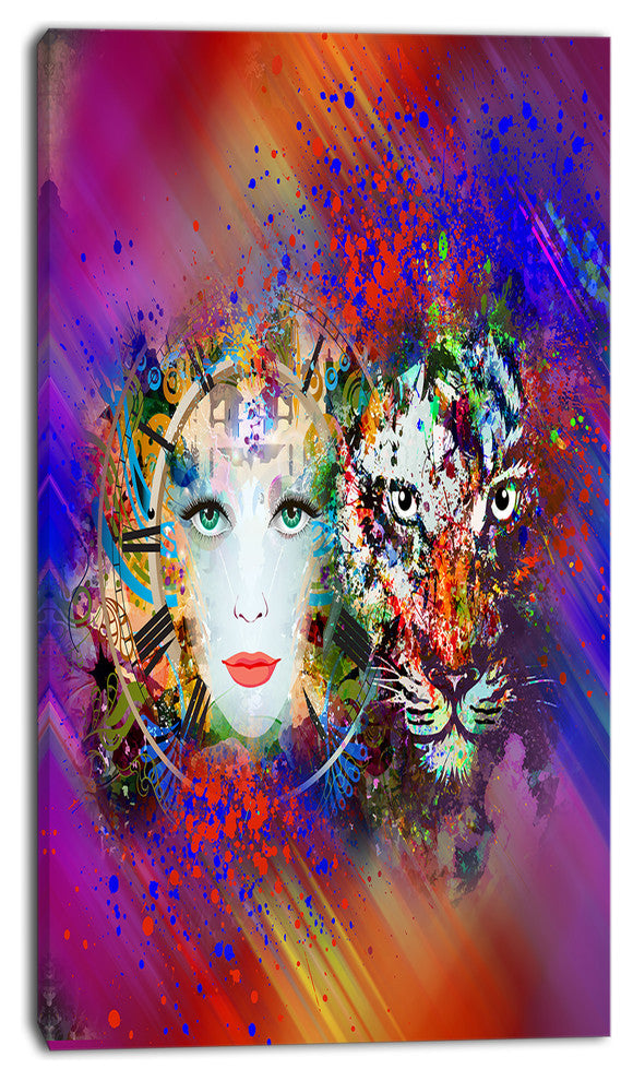 Colorful Tiger and Woman Face, Large Abstract Canvas Art, 16"x32"