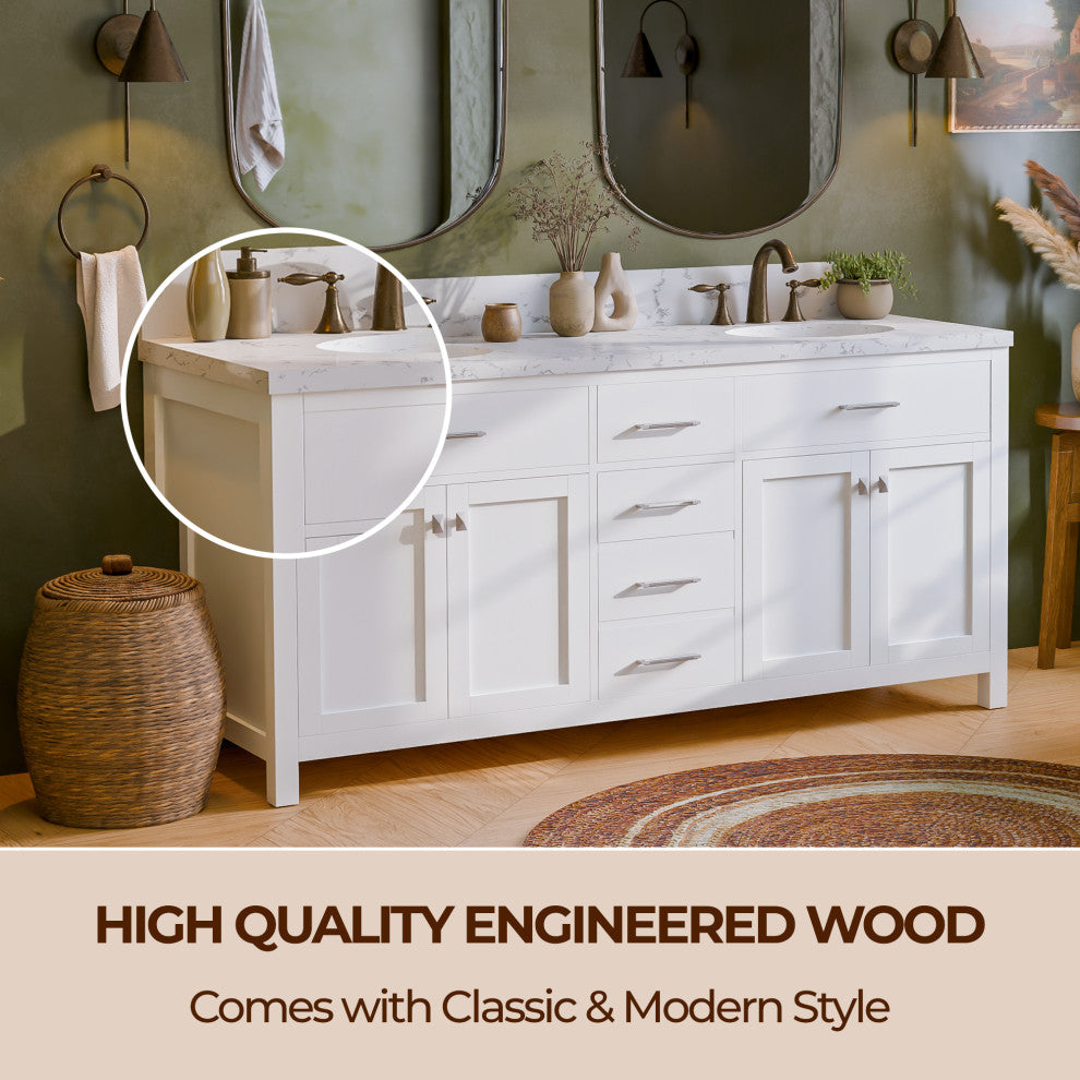 Caroline 72" Double Bath Vanity With Cultured Marble Quartz Top, White
