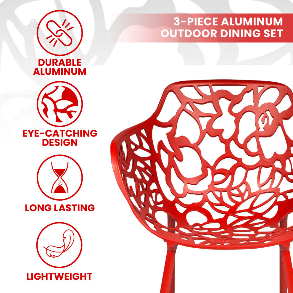 LeisureMod Devon Aluminum Patio Dining Set With Table and 2 Armchairs, Red